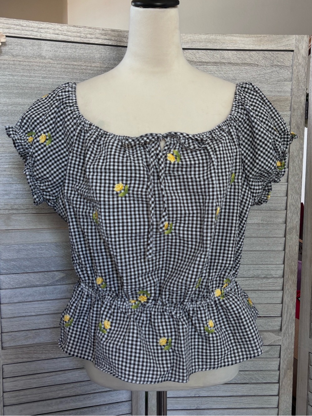 NWOT Forever 21 Black & White Gingham Smocked Embroidered Babydoll Blouse SZ 1X